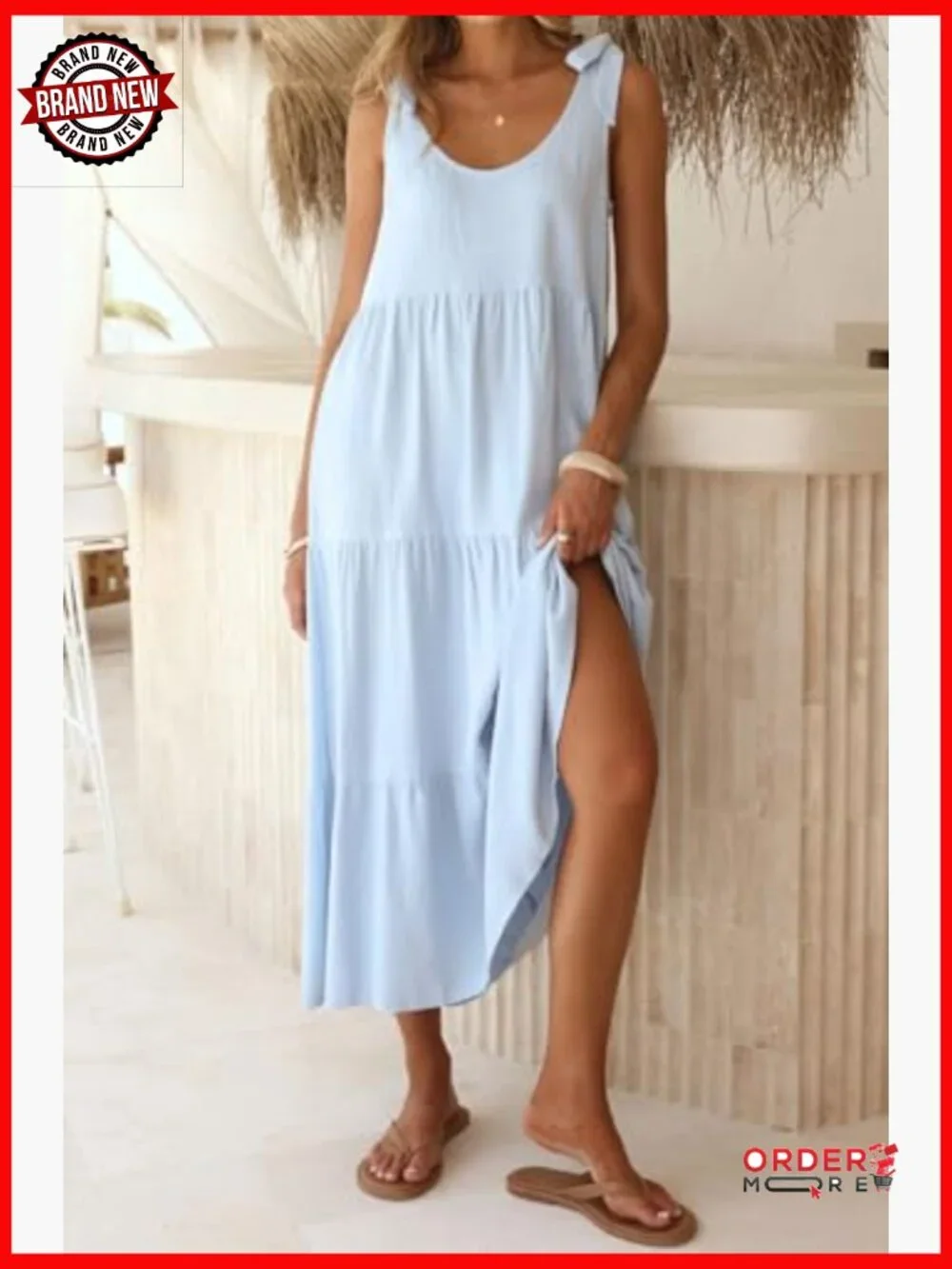 Tie Shoulder Linen Cotton Sundress Sleeveless Tiered Ruffle Midi Dress with - Picture 2 of 6
